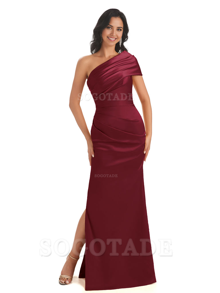 Mermaid One Shoulder Satin Long formal dresses evening gown Bridesmaid Dresses With Side Slit 