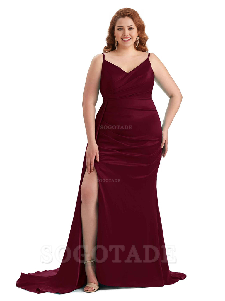 Sexy Side Slit Mermaid Spaghetti Straps V Neck Soft Satin Long Plus Size Maid of Honor Dresses 