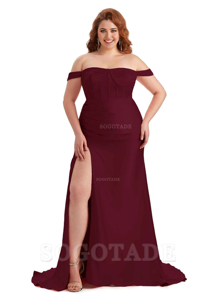 Elegant Off The Shoulder Side Slit Mermaid Soft Satin Floor Length Long Plus Size Bridesmaid Gowns