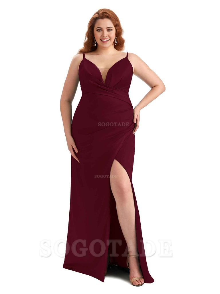 Sexy Side Slit Spaghetti Straps Sleeveless Mermaid V-neck Soft Satin Long Plus Size Bridesmaid Dress For Wedding