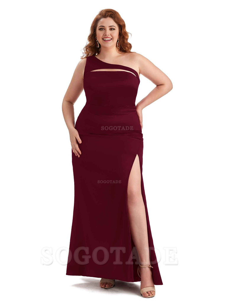 Sexy Mermaid Sleeveless One Shoulder Side Slit Soft Satin Long Plus Size Bridesmaid Dress For Wedding