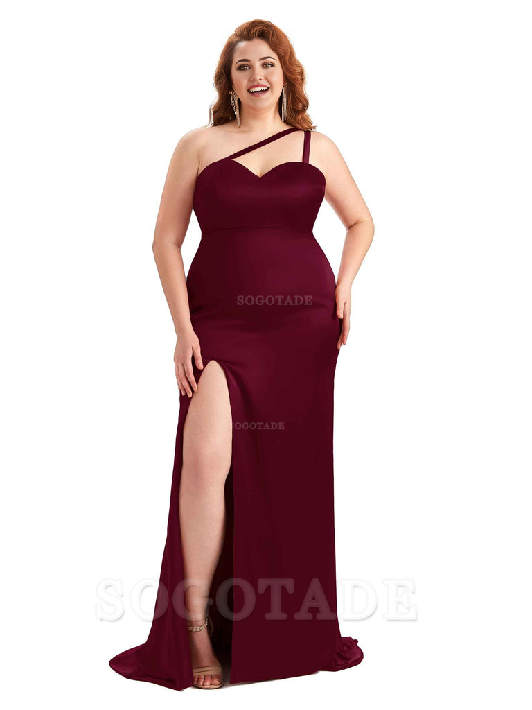 Sexy Side Slit Sleeveless Mermaid One Shoulder Soft Satin Long Plus Size Bridesmaid Dress For Wedding