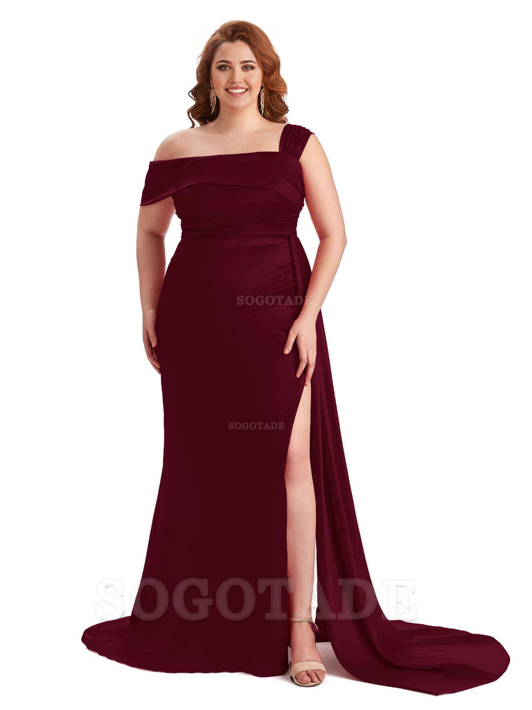Sexy Side Hight Slit One Shoulder Mermaid Soft Satin Long Plus Size With Train Matron of Honor Dresses