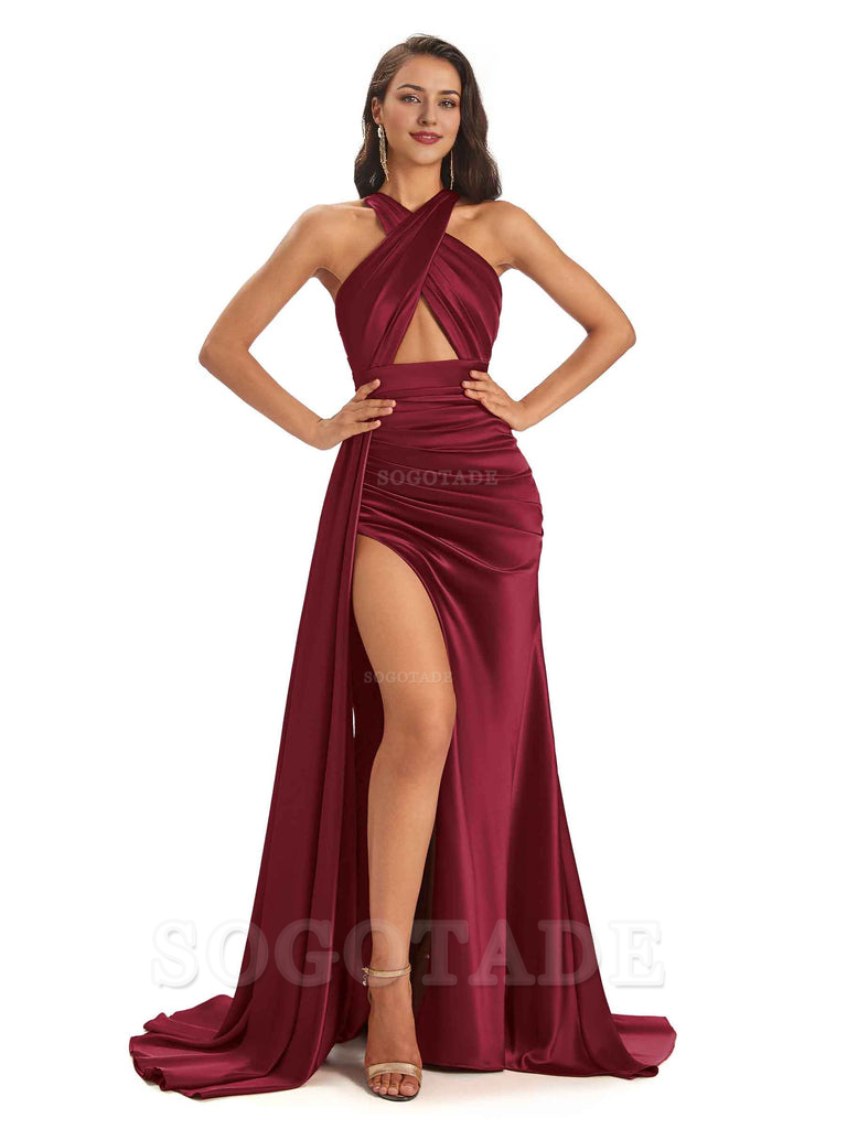 Sexy Soft Satin Halter Side Slit Floor-Length Maxi Mermaid Bridesmaid Dresses Online prom dress shop ﻿