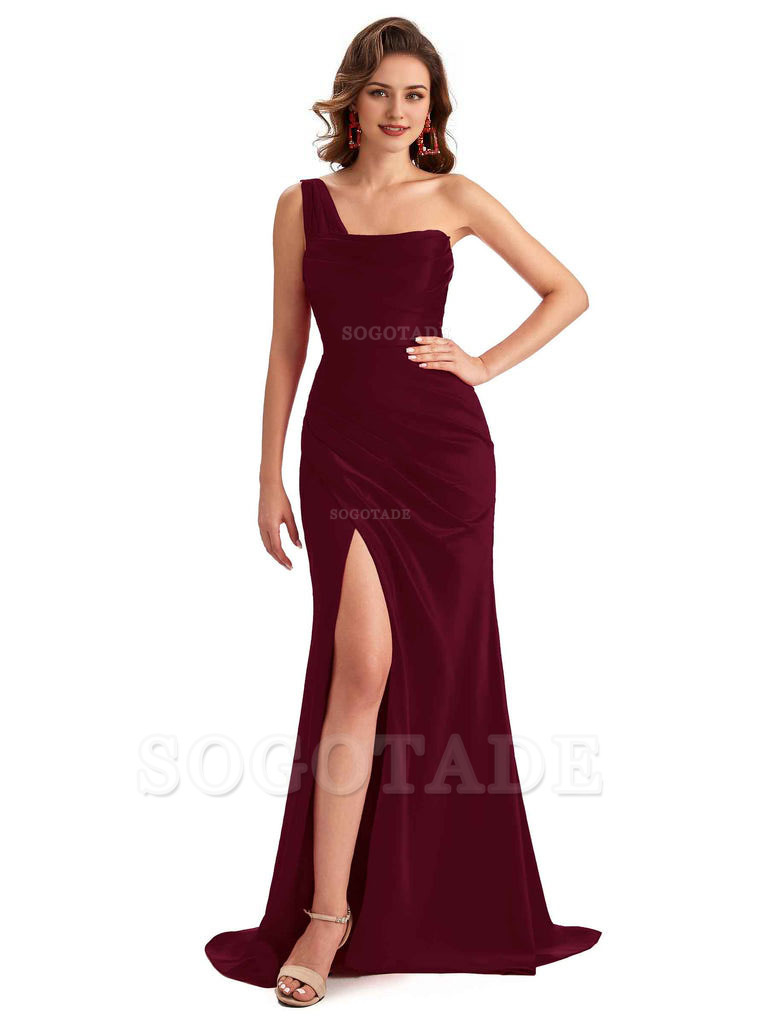 Sexy One Shoulder Side Slit Silky Satin Chic Long Mermaid Trumpet Bridesmaid Dress