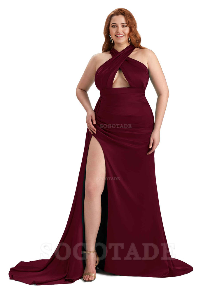 Sexy Halter Side Hight Slit Sleeveless Mermaid Soft Satin Long Plus Size Bridesmaid Dress For Wedding