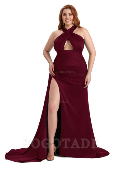 Sexy Halter Side Hight Slit Sleeveless Mermaid Soft Satin Long Plus Size Bridesmaid Dress For Wedding