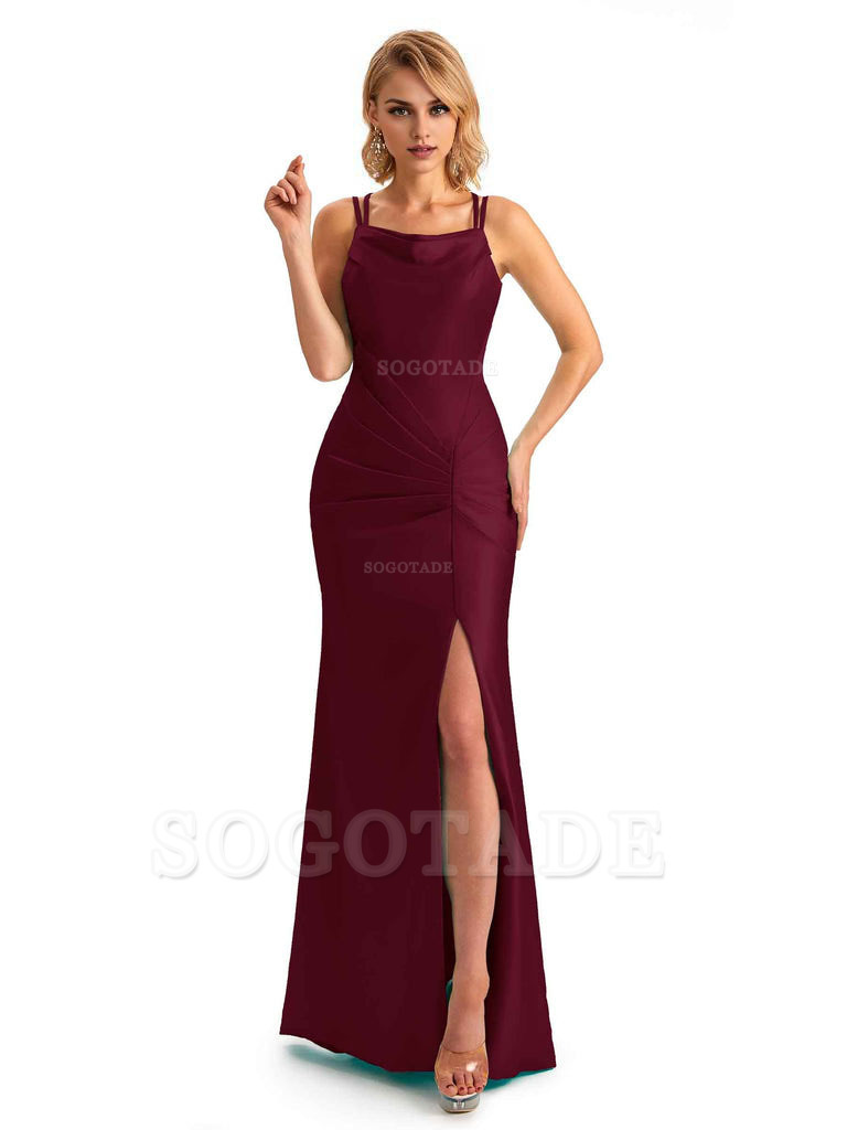 Soft Satin Spaghetti Straps Side Slit Long Unique Mermaid Beautiful Dresses For Wedding