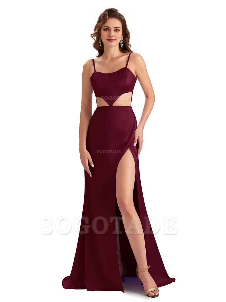 Sexy Satin Side Slit Spaghetti Straps Mermaid Long Unique Curve Wedding Guest Dresses