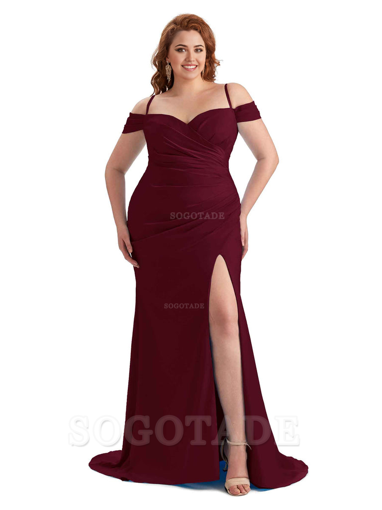 Sexy Side Slit Sleeveless Cold Shoulder Mermaid Soft Satin Long Plus Size Maid of Honor Dresses