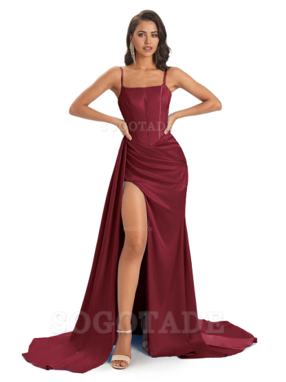 Spaghetti Straps Floor-Length Satin formal dresses evening gown Bridesmaid Dresses With Side Slit 