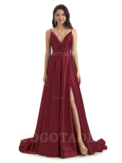 Spaghetti Straps Satin formal dresses evening gown Bridesmaid Dresses With Side Slit 