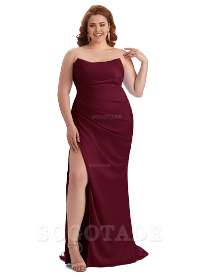 Sexy Side Slit Sleeveless Strapless Mermaid Soft Satin Long Plus Size Bridesmaid Dresses For Wedding