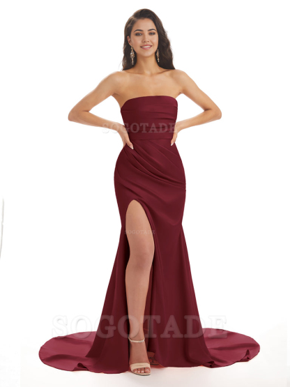 Mermaid Strapless Floor-Length Satin formal dresses evening gown Bridesmaid Dresses With Side Slit 