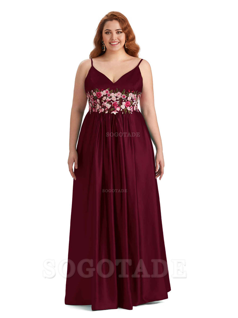 Unique Lace Spaghetti Straps Sleeveless Soft Satin Long Plus Size Bridesmaid Dress For Wedding