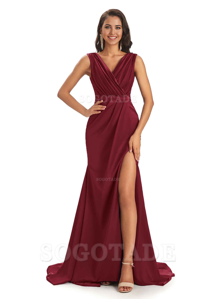 A-line V-neck Floor-Length Satin formal dresses evening gown Bridesmaid Dresses With Side Slit 
