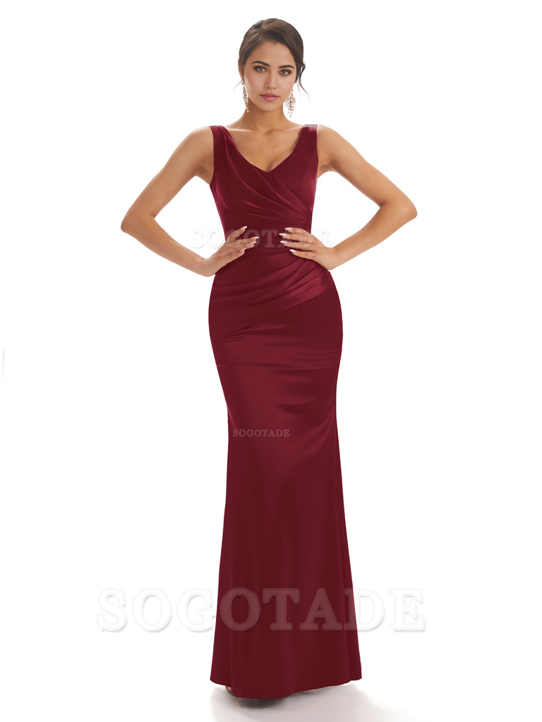 Sheath Sleeveless V-neck Floor-Length Satin formal dresses evening gown Bridesmaid Dresses With Pleats 