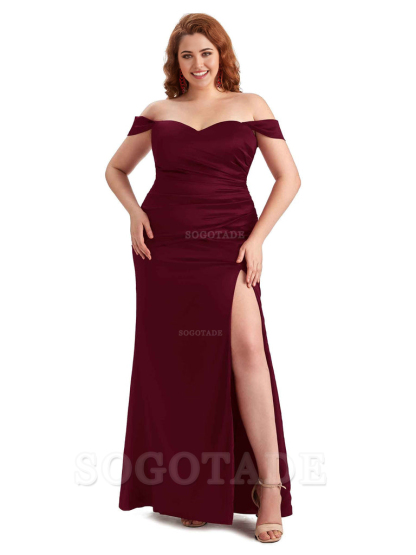Sexy Off The Shoulder Sleeveless Side Slit Mermaid Soft Satin Long Plus Size Bridesmaid Dresses