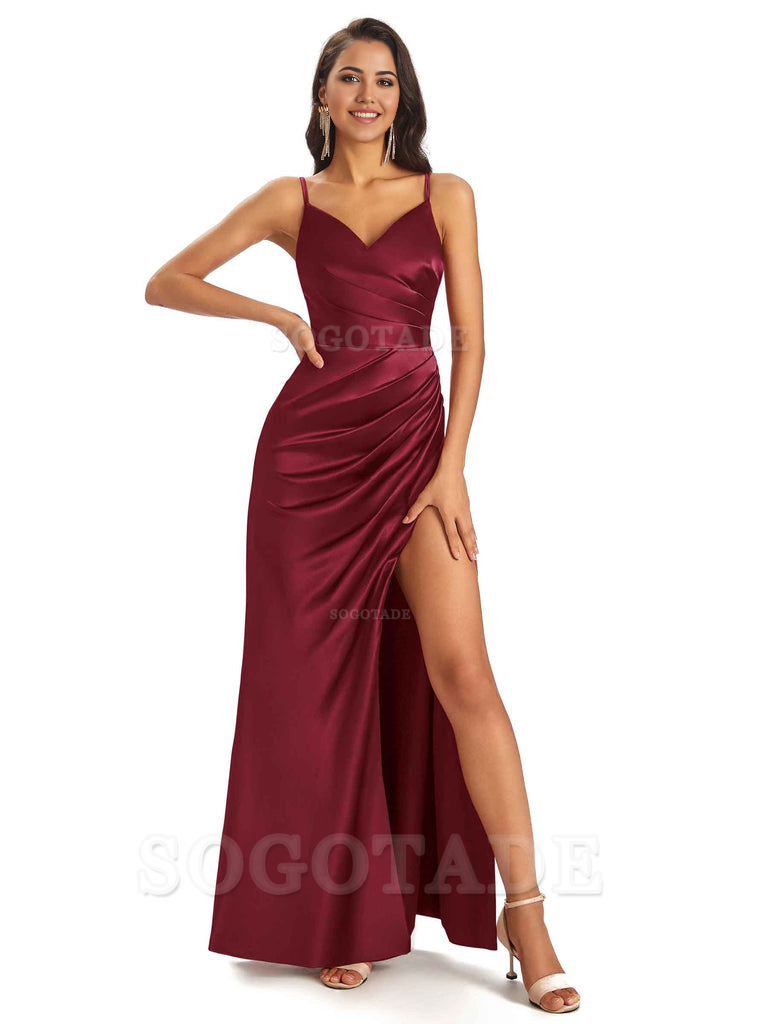 Sheath V-Neck Spaghetti Straps formal dresses evening gown Bridesmaid Dresses With Side Slit 