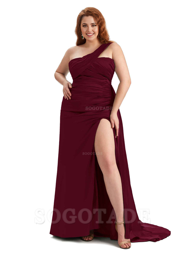  One Shoulder Sleeveless Sexy Side Hight Slit Mermaid Soft Satin Long Plus Size Bridesmaid Gowns