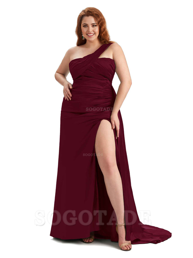  One Shoulder Sleeveless Sexy Side Hight Slit Mermaid Soft Satin Long Plus Size Bridesmaid Gowns