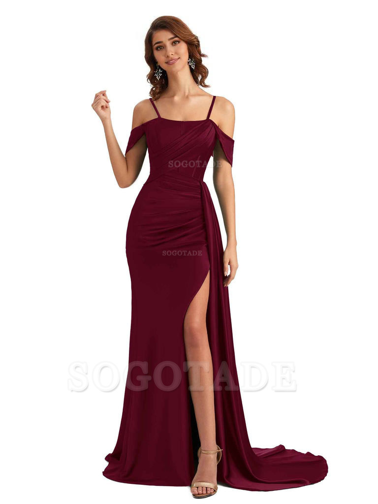 Sexy Side Slit Cold Shoulder Mermaid Satin Chic Long Wedding Guest Dresses
