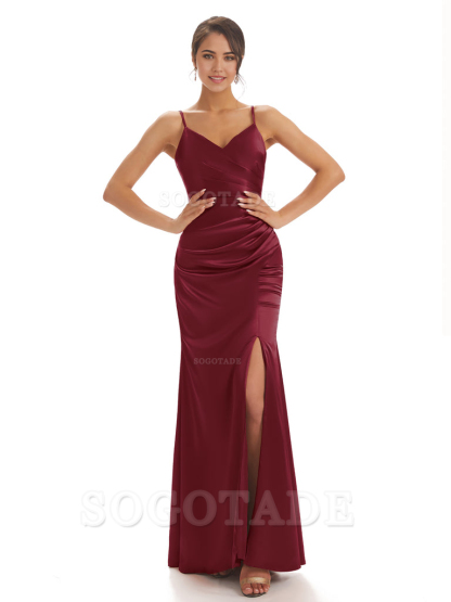 Spaghetti Straps Pleats Satin formal dresses evening gown Bridesmaid Dresses With Side Slit 
