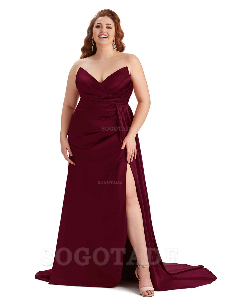 Sexy V-neck Side Slit Sleeveless Mermaid Soft Satin Long Plus Size Bridesmaid Gowns