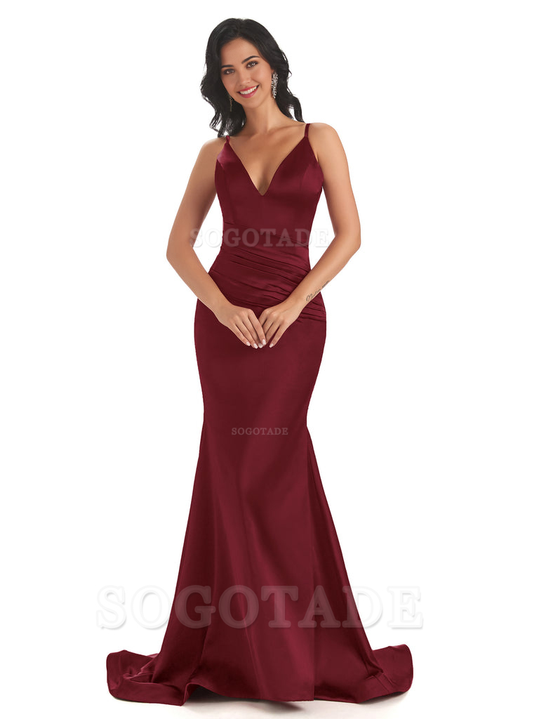 Mermaid Spaghetti V-Neck Straps Satin Long formal dresses evening gown Bridesmaid Dresses With Side Slit 