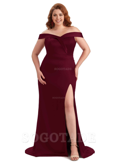 Elegant Off The Shoulder Sleeveless Side Slit Mermaid Soft Satin Long Plus Size Bridesmaid Gowns