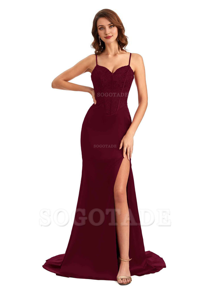 Sexy Side Slit Mermaid Silky Satin V-Neck Lace Unique Long Bridesmaid Dresses