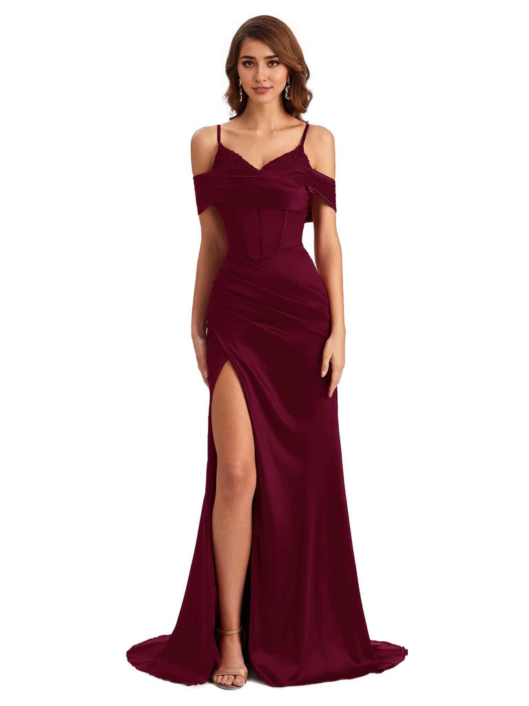  Sexy Side Slit Mermaid Silky Satin V-Neck Cold Shoulder Unique Nice Wedding Guest Dresses