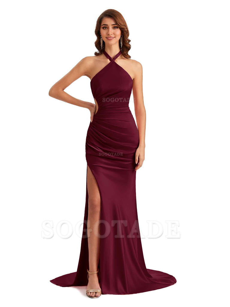 Sexy Halter Mermaid Silky Satin Unique Long Formal Wedding Guest Dresses