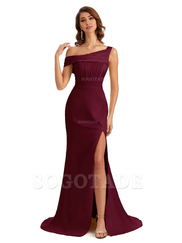 Elegant Asymmetrical Neck Soft Satin Side Slit Long Mermaid Bridesmaid Dresses