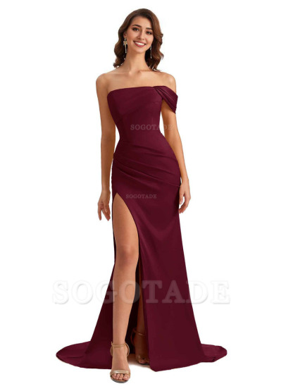 Unique One Shoulder Side Slit Satin Long Formal Dresses For Bridesmaid Dresses