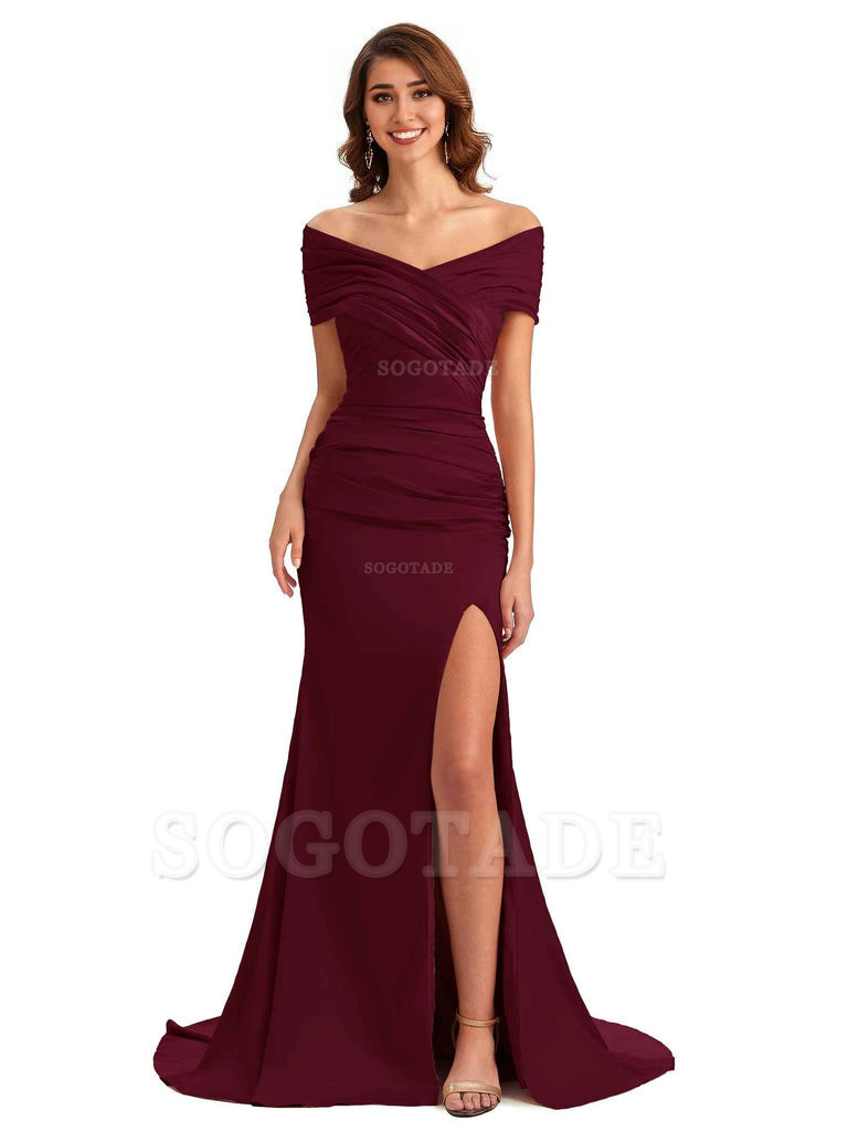 Sexy Off The Shoulder Side Slit Mermaid Satin Unique Long Formal Wedding Guest Dresses