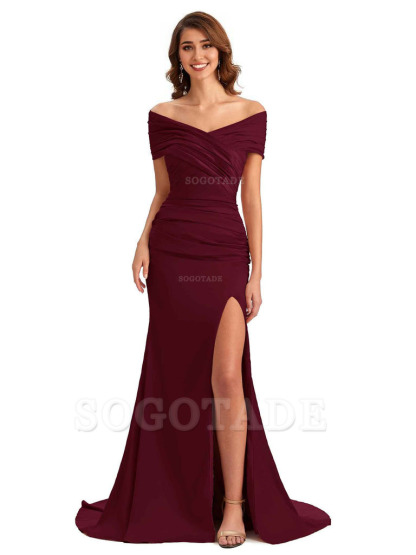 Sexy Off The Shoulder Side Slit Mermaid Satin Unique Long Formal Wedding Guest Dresses
