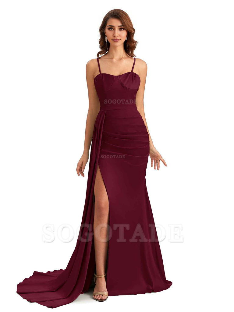 Sexy Spaghetti Straps Side Slit Mermaid Unique Long Bridesmaid Dresses In Satin