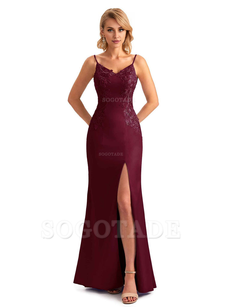 Sexy Side Split Mermaid Spaghetti Straps Soft Satin Unique Lace Long Bridesmaid Dresses