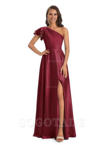 A-Line One Shoulder Ladies Long Bridesmaid Dresses Soft Satin Side Slit Elegant Evening Party Dress