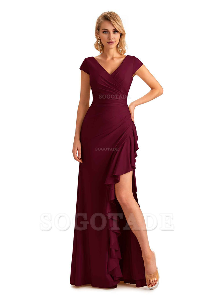 Sexy Side Slit Short Sleeves Mermaid Soft Satin Unique Long Maid Of Honor Dresses