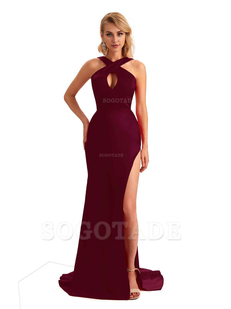 Sexy Side Slit Halter Mermaid Silky Satin Unique Long Formal Wedding Bridesmaid Dresses