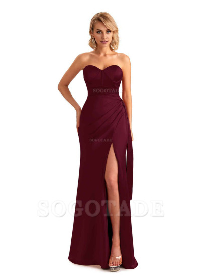 Sexy Side Slit Strapless Mermaid Soft Satin Unique Long Bridesmaid Dress For Wedding