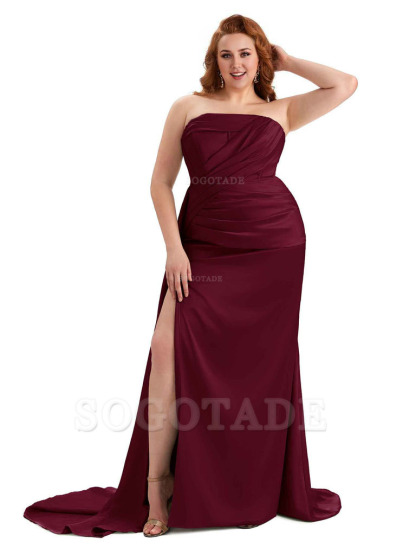 Sexy Side Slit Mermaid Soft Satin Formal Wedding Plus Size Bridesmaid Dresses