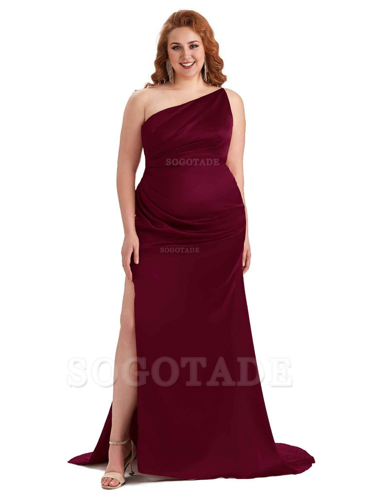Sexy One Shoulder Side Slit Mermaid Soft Satin Long Plus Size Bridesmaid Dress For Wedding