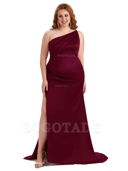 Sexy One Shoulder Side Slit Mermaid Soft Satin Long Plus Size Bridesmaid Dress For Wedding