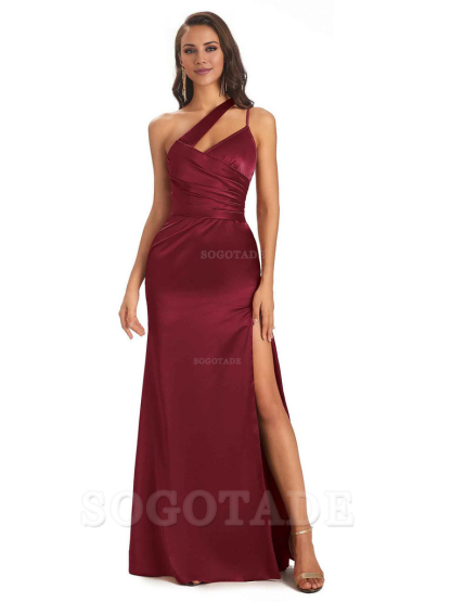 Elegant Soft Satin Side Slit One Shoulder Floor-Length Maxi Bridesmaid Dresses Evening Party Dress