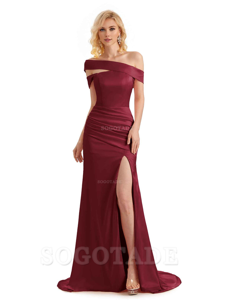 Elegant Asymmetrical Unique Soft Satin Side Slit Long Mermaid Bridesmaid Dresses Charming Evening Party Dress