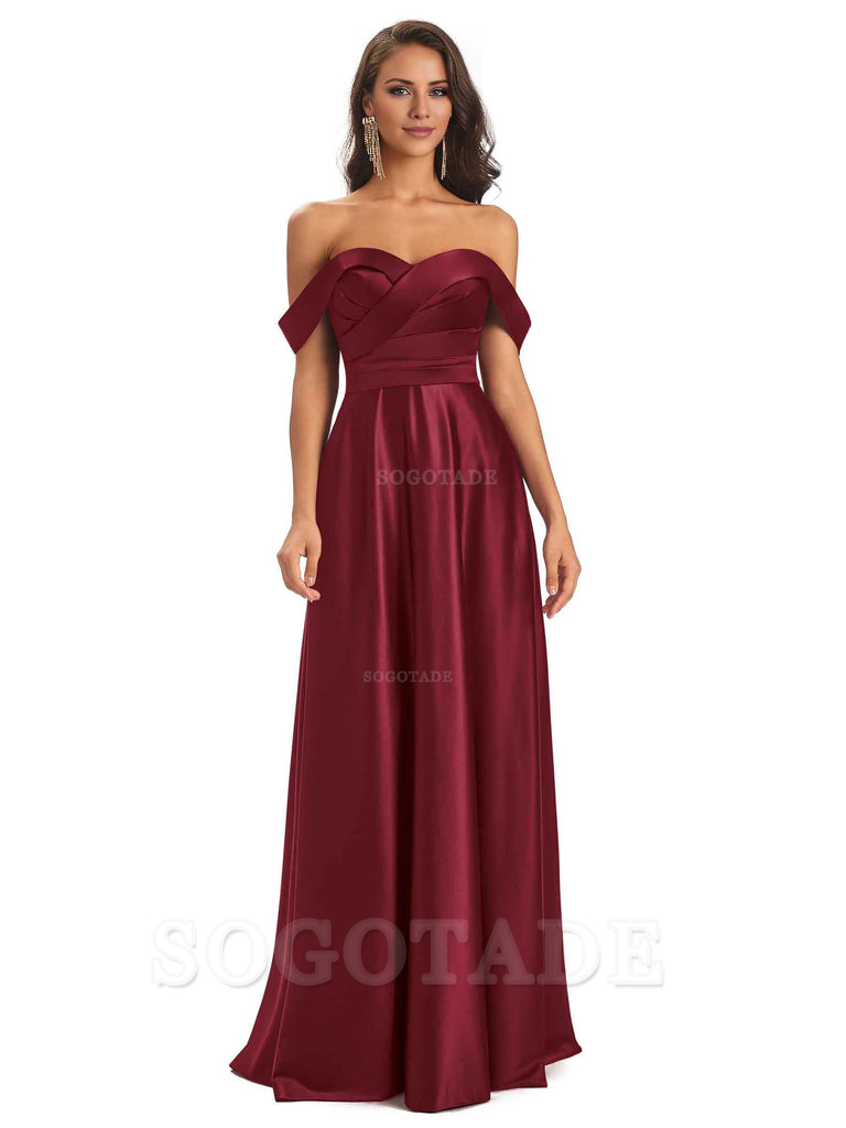 Sexy Soft Satin Off The Shoulder A-Line Long Bridesmaid Dresses Elegant Evening Party Dress