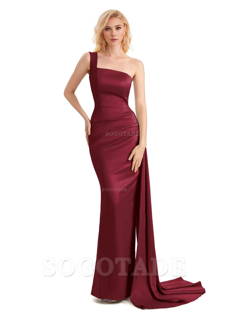 Elegant One Shoulder Soft Satin Mermaid Unique Long Bridesmaid Dresses Charming Evening Party Dress